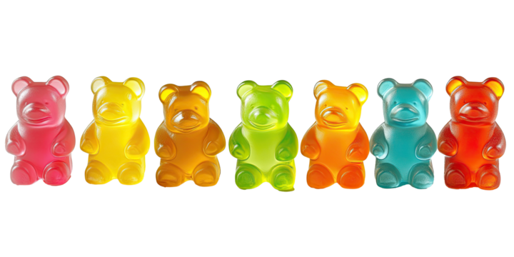 Seven colorful gummy bears in row rainbow jelly candy sweets  isolated on white transparent background