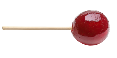 Bright red hard candy lollipop with wood stick dessert treat isolated on white transparent background