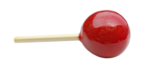 Red glossy lollipop candy on wooden stick sweet confection  isolated on white transparent background