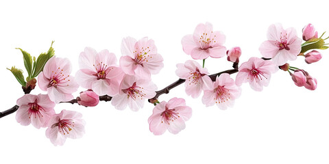 Cherry blossom branch with pink flowers in bloom isolated on white transparent background