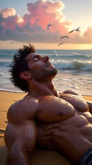 A bodybuilder man take rest near ocean in a sunshine ai generated 