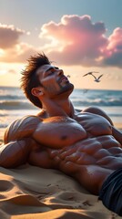 A bodybuilder man take rest near ocean in a sunshine ai generated 