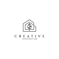 house logo with tree in minimalist linear design style