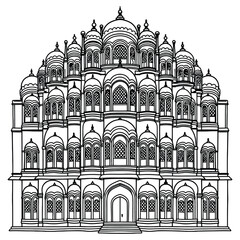 Hawa Mahal Jaipur Rajasthan Line Art Illustration, Detailed Black and White Drawing of Famous Indian Palace with Jharokha Windows, Lattice Facade and Rajput Mughal Architecture