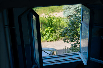 View from an open window showcasing a serene outdoor garden and parked vehicle during the day