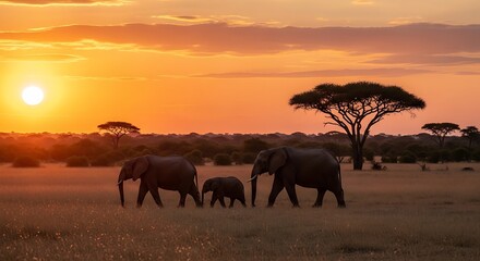 Fototapeta premium Elephant Family Silhouette: Majestic Trio Strolls Across Serengeti Grassland at Sunset, Golden Hour Illumination, Warm Tones, African Wildlife, Conservation, Nature Photography, Animal Behavior Study