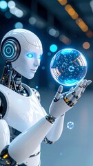 Robot exploring a floating energy sphere in a futuristic laboratory environment