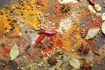Different aromatic spices on grey table, top view