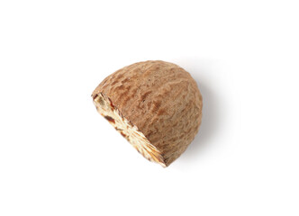 Half of fresh nutmeg isolated on white, top view