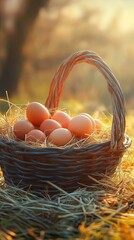 basket of eggs with straw in morning.
