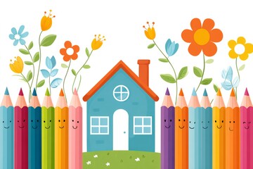 Colorful pencils protecting a cute little house with flowers