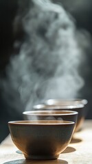 A set of ceramic tea cups with steam rising from the tea.