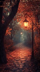 A lantern-lit path through a forest in autumn.
