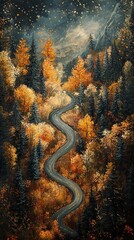 A mountain road winding through autumn trees.