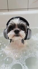 Shih Tzu in bath with headphones and bubbles.