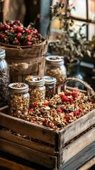 wooden crate of homemade granola jars.