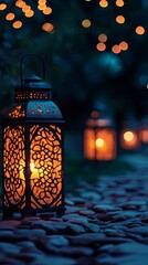 Lanterns glowing softly at night outdoors.