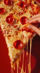 pulling hot pizza slice cheese stretch closeup.