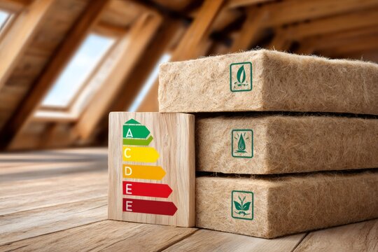 Natural hemp fiber insulation panels achieving highest energy efficiency rating in wooden attic - Powered by Adobe