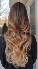 Thick ombre ponytail, rich brown to honey, soft beige.