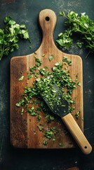 wooden cutting board with chopped fresh herbs.