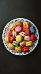 A collection of colorful macarons on a porcelain plate.