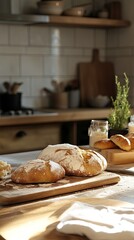 Fresh homemade bread on kitchen countertop.