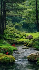 Small mountain stream flowing through a forest.