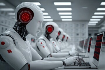Humanoid robots typing on laptops in modern office, artificial intelligence workforce