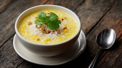 Vietnamese corn sweet soup che bap sticky rice and coconut milk in white bowl top down dessert view