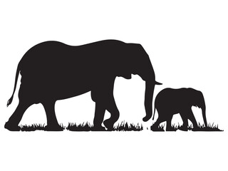 Elephant Mother and Calf Walking Together in the Grass Field Black Silhouette