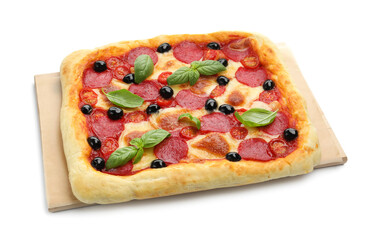 Tasty square homemade pizza isolated on white