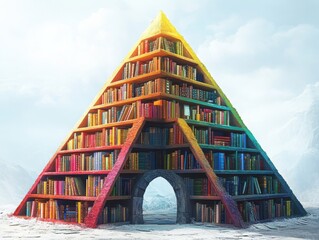 The Pyramid of Knowledge: A Towering Structure of Books Against a Snowy Mountain Backdrop, Illuminated by a Bright Sky and an Ancient Stone Archway