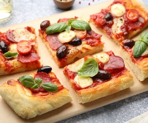 Pieces of tasty homemade pizza on grey table, closeup