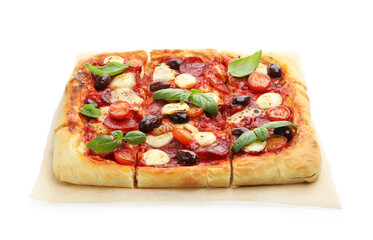 Tasty square homemade pizza isolated on white
