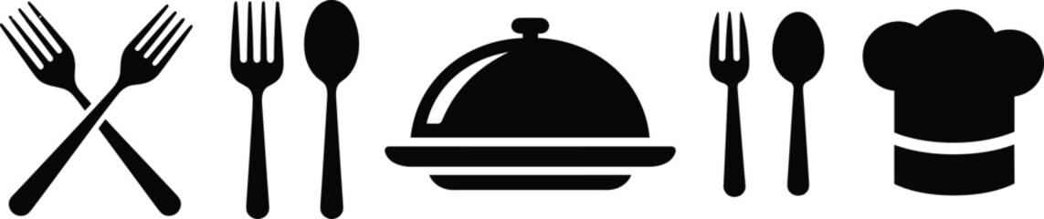 Black food icons with cutlery, plate, spoon, fork, knife, serving dish, and chef hat on white background, ideal for restaurant, cooking, kitchen, meal, or menu design