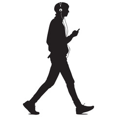 Walking Teenager with Headphones and Phone in Silhouette Style Isolated on White Background silhouette
