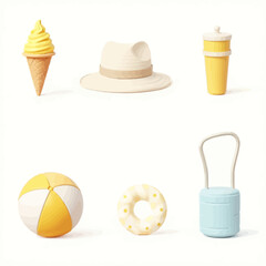 Set of minimalist 3D summer items like ice cream, beach ball, hat, and cooler, ideal for vacation, travel, or summer branding.