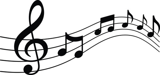 Abstract black music notes on a flowing musical staff with treble clef, isolated on white background, symbolizing melody, harmony, creativity, rhythm, classical, performance, and sound