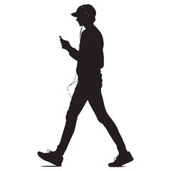 Walking Teenager with Headphones and Phone in Silhouette Style Isolated on White Background silhouette