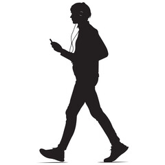 Walking Teenager with Headphones and Phone in Silhouette Style Isolated on White Background silhouette