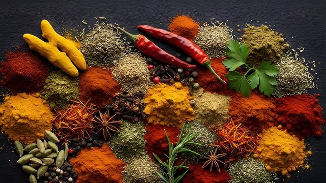 Assortment Of Colorful Spices And Herbs On Black Surface Displaying Various Culinary Ingredients