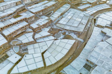 Aerial view of Anana Valley with ancient salt terraces, Basque Country, Spain