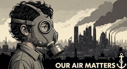Boy in Gas Mask Facing Industrial Skyline: Air Pollution Awareness, Cartoon Art Style, Grayscale, Social Impact Message, Climate Action