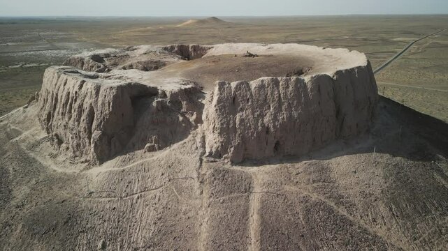 Top view of Chilpik tower surrounded by endless dry landscape