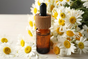 Bottle of essential oil and chamomile flowers on table, closeup