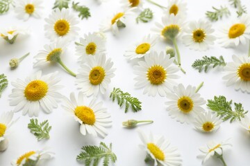 Fototapeta premium Beautiful chamomile flowers and green leaves on white background, above view
