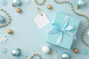 Pastel blue christmas gift box with decorations