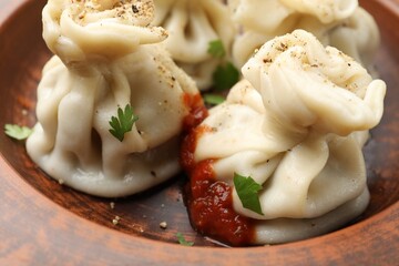 Tasty khinkali with spices in plate, closeup
