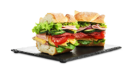 Tasty baguette sandwich with ham and vegetables isolated on white